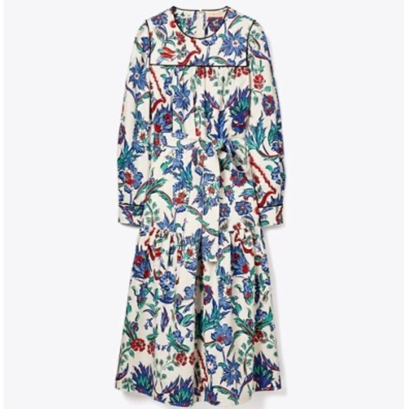 Tory Burch Quilted Yoke Cotton Midi Dress Porcelain Thistle Tory Burch Size US L - Picture 2 of 6